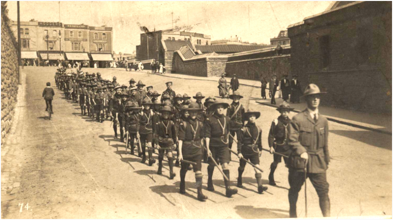 7th marching at Clifton Down Station incline, headed by Harvey Ricketts, circa 1917